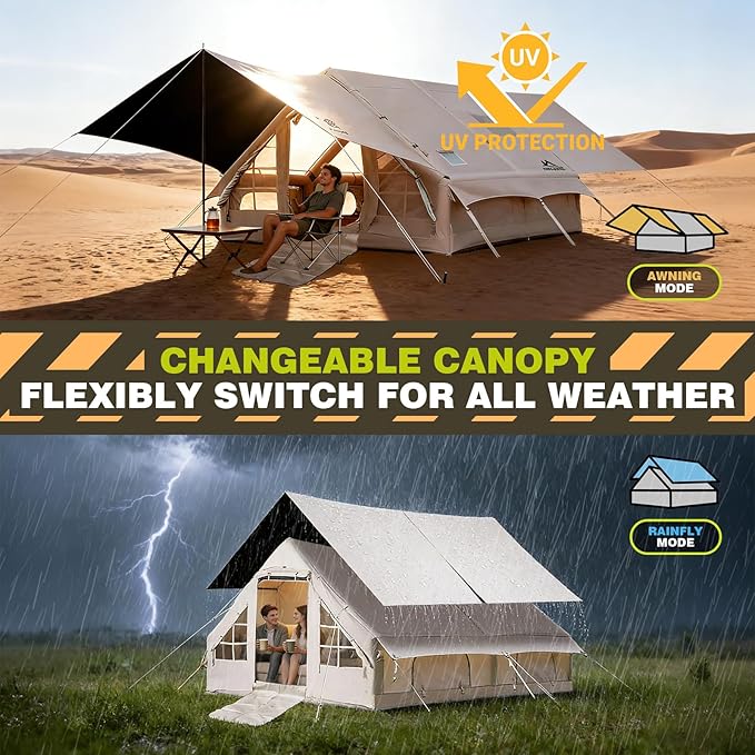 Inflatable Camping Tents 8-10 Person,129 Square Feets Large Inflatable Camping Tent with Stove Jack,Blow up Tent with Mesh Windows & Pump