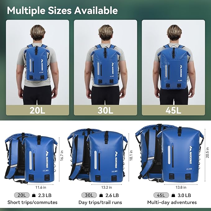 MARCHWAY Roll Top Waterproof Backpack, Floating Dry Bag 20L/30L/45L with Ergonomic Rectangular Base, Cushioned Back, Hip Strap for Hiking Camping Kayaking Travel (Blue, 30L)