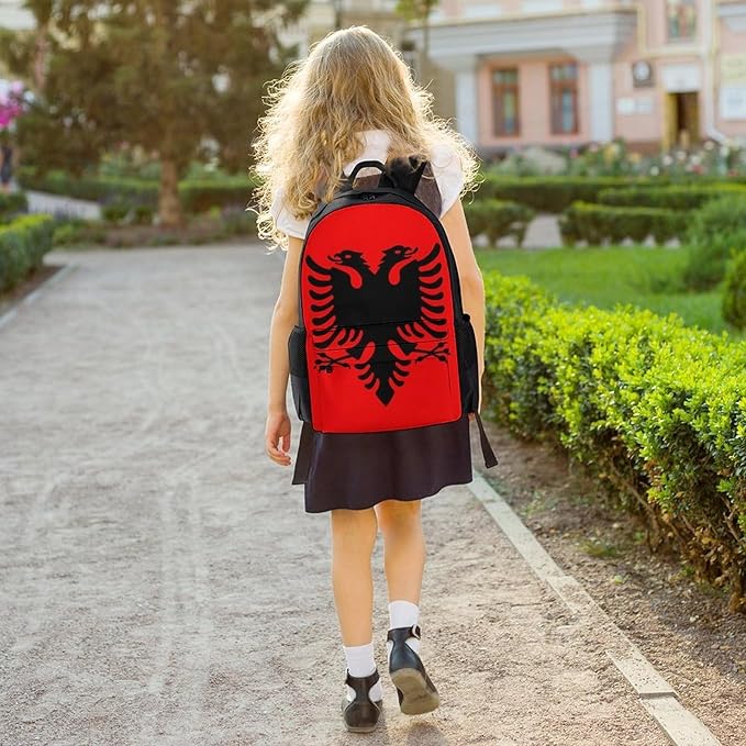 Women Men Polyester Albania Flag Casual Daypack Large Capacity Bookbag With Side Pockets for Sports Picnic Walking Cycling