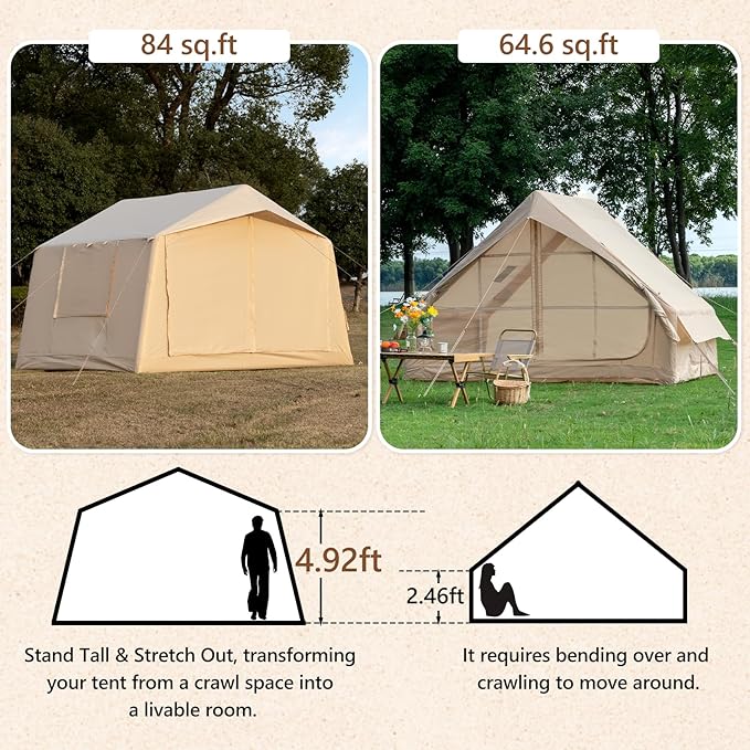 Inflatable Camping Tent with Hand Pump Waterproof Outdoor Blow up Tent 2-8 Person Oxford 4 Season Glamping Air Tent Cabin House with Mesh Windows & Door