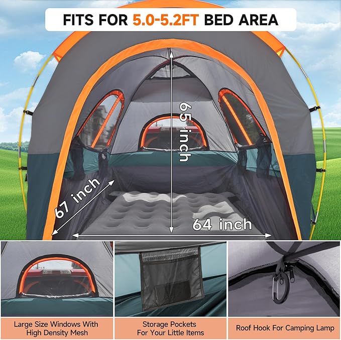 Truck Bed Tent with Awning: 5.0' ~ 5.2' PU3000mm Waterproof Tailgate Pickup Truck Tents, Easy Set-up for 2 Person, Fits Full Size Short Bed, Chevy, Dodge, Ford, GMC