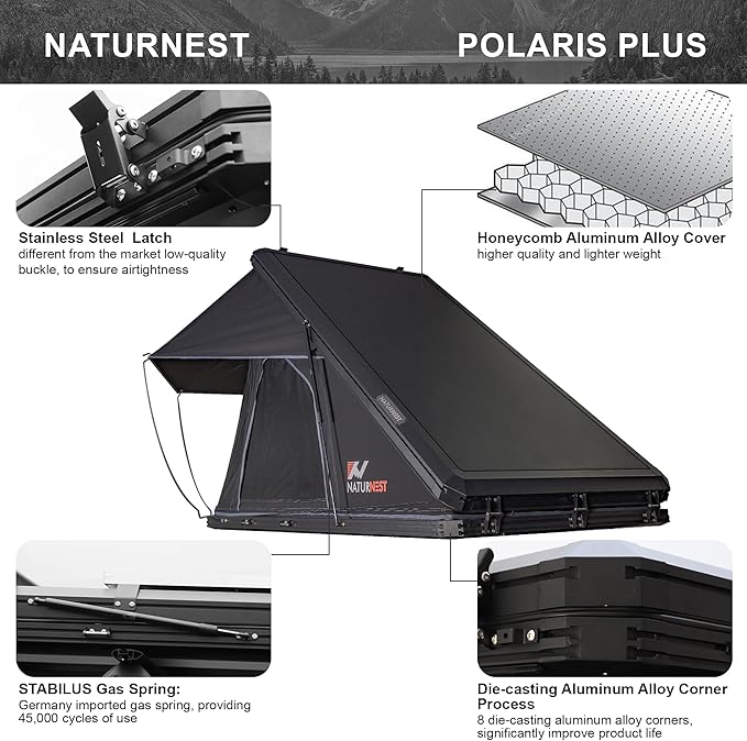 Naturnest Hardshell Rooftop Tent with 2 Luggage Racks, Car Roof Top Tent with AC Inlets, 3-Color LED Lights and Internal USB Plug for Vans, Jeeps, SUVs and Trucks, 2-3 Person