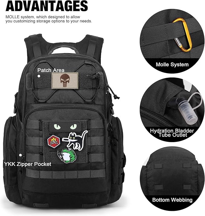 Mardingtop Military Tactical Backpack for Men 40L Molle Rucksack EDC Daypack for Hiking,Travel,Camping, Hunting(With 10Pcs Patches and 3Pcs Buckles)