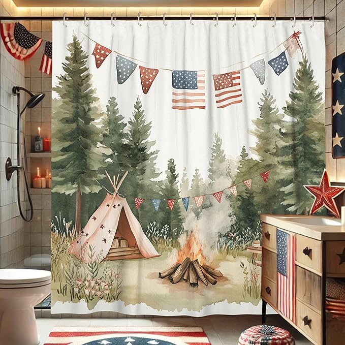 Camping Shower Curtain, Watercolor Peach Tent and Campfire Bath Curtain for Bathroom Decor, Summer Outdoor Rustic Bohemian Waterproof Fabric Shower Curtain Set with Hooks 72x78 Inch