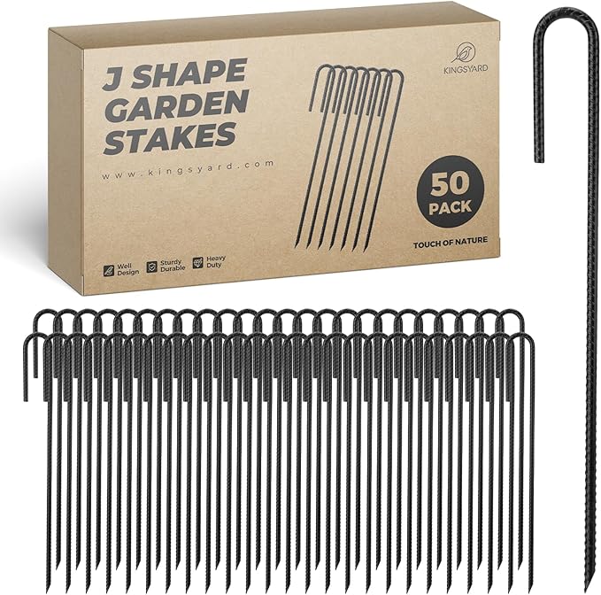 Kingsyard 50 Pack Tent Stakes Heavy Duty, 12 Inch 1/4 Inch Diameter J Shape Hook Rebar Stakes, Galvanized Steel Ground Anchors Metal Spikes for Yard, Hoses Landscape, Chain Link Fence, Black