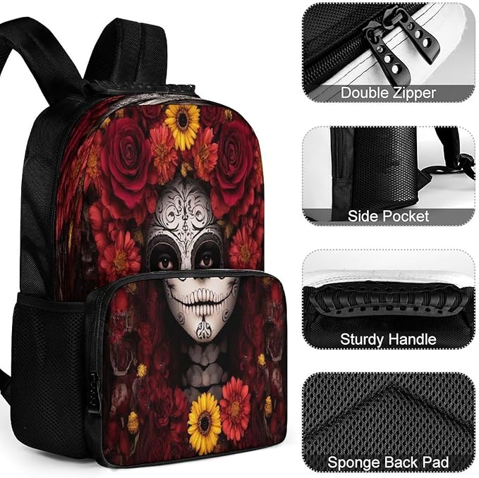 Lightweight Daypack Backpack for Sports Travel Running, Large Capacity Multipurpose Anti-Theft Bookbag, Mexican Day Of The Dead Sugar Skull Floral Women Art Laptop Backpack Daypack