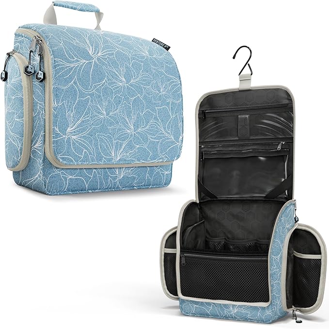 VENTURE 4TH Hanging Travel Toiletry Bag for Women & Men – Large Toiletry Organizer with 17 Compartments, Removable TSA Pouch, Travel Wash Bag for Toiletries, Makeup & Shaving Kit (Blue Flowers)