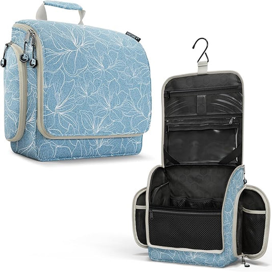 VENTURE 4TH Hanging Travel Toiletry Bag for Women & Men – Large Toiletry Organizer with 17 Compartments, Removable TSA Pouch, Travel Wash Bag for Toiletries, Makeup & Shaving Kit (Blue Flowers)