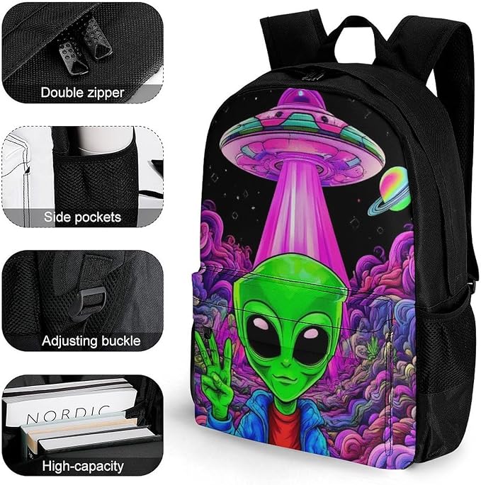 Backpack Polyester Multipurpose Anti-Theft Trippy Space Alien Marijuanaweed Art Shoulder Bag Big Capacity Gym Outdoor Hiking Backpack With Padded Straps
