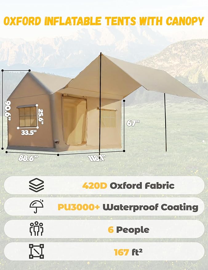 Luxury Glamping Inflatable Tent House for 6-8 Person, 118"x158" XL Awning, 6.3" Extra Thick Air Beams (Stronger Than 5"), Heavy Duty Waterproof Oxford, Fast Setup Camping Tent with Pump & Bag