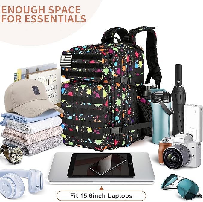 25L/45L Tactical Backpack Military Tactical Backpack Heavy Duty Molle Assault Pack for Work Gym Outdoors (1.0 25L-fluorescent tie dye, Small)