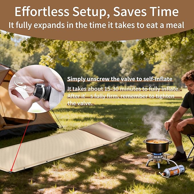 Self-Inflating Camping Mat - 1.2"/2" Thick Portable Air Mattress with Pillow for Outdoor, Hiking & Travel (Offwhite 2" for Single)