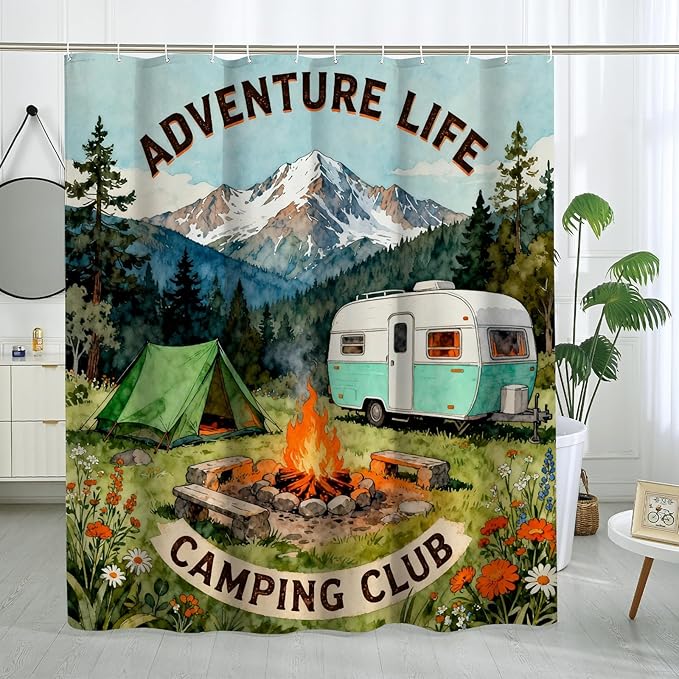 Mountain Shower Curtain, Outdoor Adventure Tent Campfire Summer Green Washable with Hooks Bathtub Cloth Curtains Decor for Bathroom Guest Room 62x72 Inch