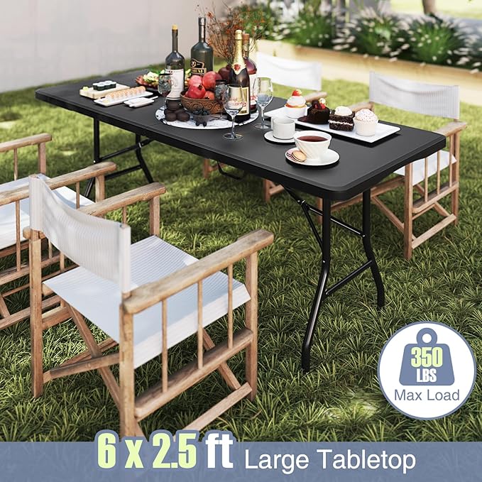Folding Table, HDPE Portable Table with 6 ft Long Tabletop, Metal Frame Picnic Camping Table with Safe Lock, Collapsible Dining Table for Camping, Picnic, Party (Black, 6 FT)