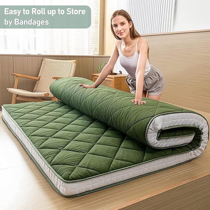 MAXYOYO Japanese Floor Futon Mattress Full Size, Floor Bed for Adults, Roll Up Folding Mattress, Diamond Patterned Japanese Futon Bed, Green
