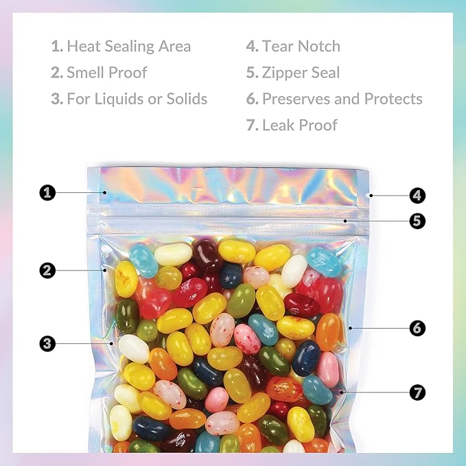 Mylar Bags with Zipper Seal 4.5" x 6.5" | 100 Bags | Rainbow Holographic | Sealable Heat Seal Bags for Candy and Food Packaging, Medications and Vitamins | For Liquid and Solids (4.5" x 6.5")