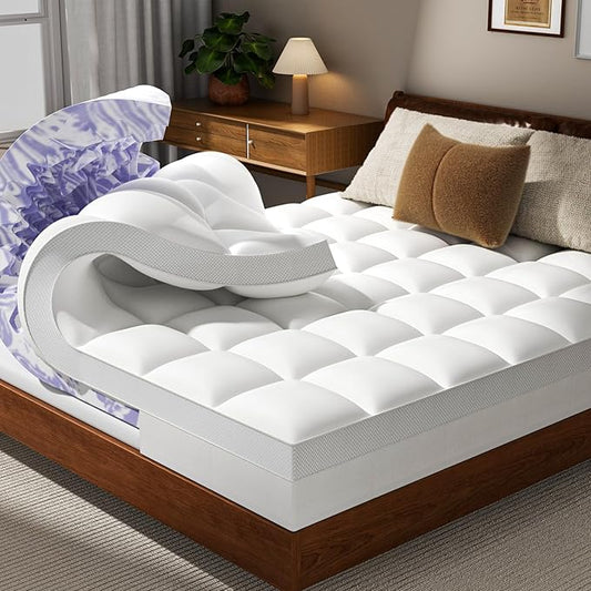 Dual Layer 5 Inch Memory Foam Mattress Topper Full - 3 Inch Pillow Top Mattress Pad and 2 Inch Gel Memory Foam, 7-Zone Egg Crate Full Size Mattress Topper (Cream)