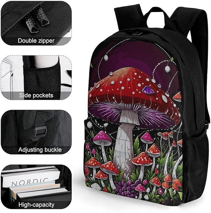 Lightweight Daypack Bookbag for Trekking Business Walking Cycling, Big Capacity Anti-Theft Multipurpose Carry On Bag, Magic Mushrooms Trip Business Computer Bag