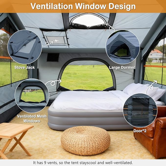 Inflatable Tents with Hand Pump Hot Tent with Stove Jack Easy Blow Up Glamping Tent with Mesh Windows, 4-6 Person Instant Family Camping Tents Waterproof for 4 Seasons