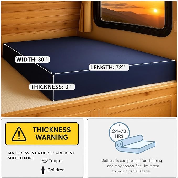 Foamma 3" x 30" x 72", Firm with Water Resistant Cover, Mattress Topper for RV Bunk, Camper, Truck & Travel Trailer, Back Support, CertiPUR-US Certified, Made in USA