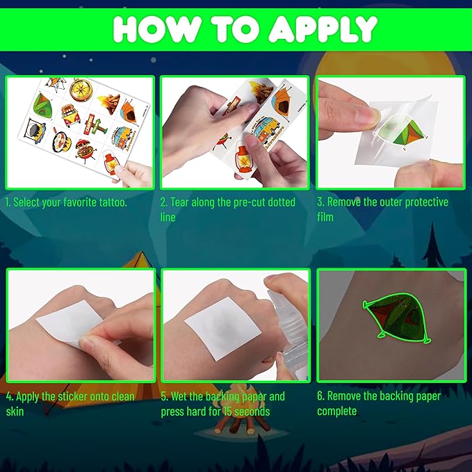96PCS Camping Camp Camper Campfire Pre-Cut Luminous Glow in the dark Temporary Tattoos for Kids | Super Cute Themed Birthday Party Favors Supplies Decorations, Fake Tattoos Gifts for Boys Girls