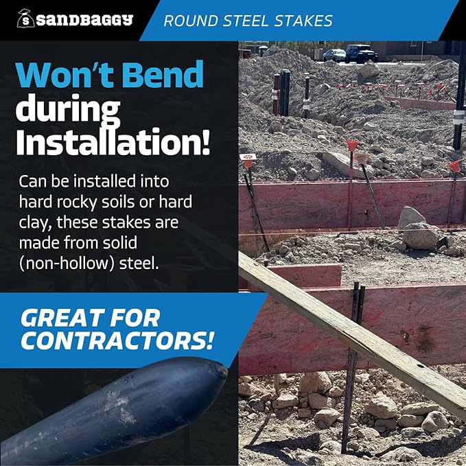 Sandbaggy Round Steel Concrete Form Stakes with Nail Holes - Rust Resistant Coating - Removable, Reusable (200, 3/4 in X 48 in)