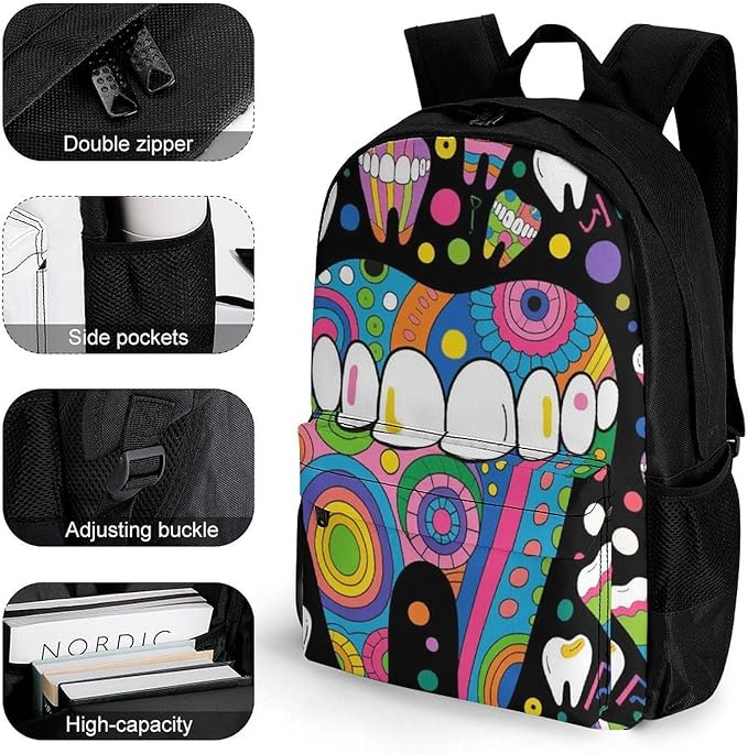 Daypack Bookbag Multipurpose Anti-Theft Big Capacity Carry On Bag, Cartoon Teeth Dental Art Travel Hiking Camping Rucksack With Padded Straps