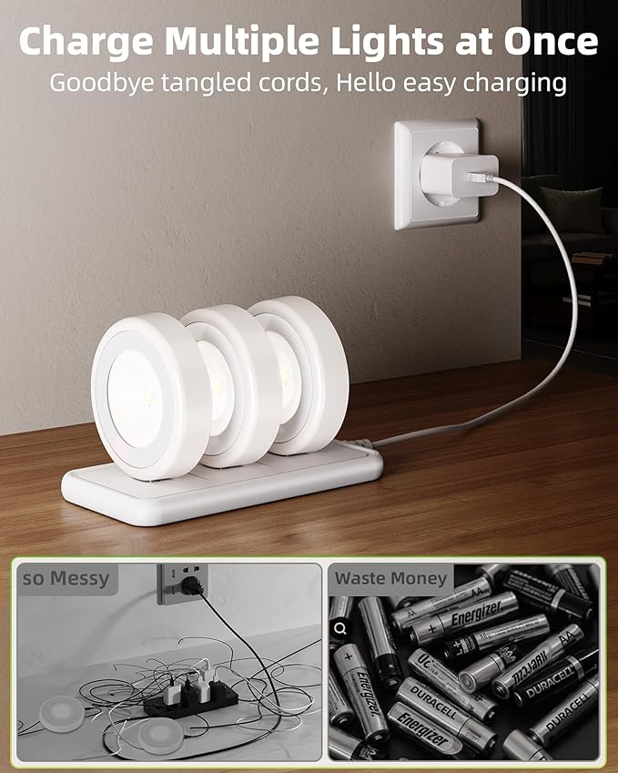 EZVALO LED 6 Pack Puck Lights with Charging Station, Rechargeable Sitck On Tap Lights, Wireless Closet Light, 3 Color Temps, Under Cabinet Lights, 2.5'' Mini Touch Light for Kitchen,Pantry,Shelves