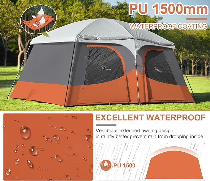 Vidalido Tents，8-10 Person Camping Tent with Extended Vestibule，2 Room Weather Resistant Family Tents，Easy Install Waterproof Outdoor Tent for Camping Hiking