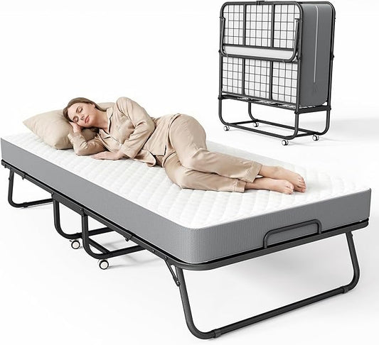 Superday Folding Bed with Mattress, 75” x 31” Portable Rollaway Bed, Twin Foldable Bed with 5" Mattress, Roll Away Beds for Adults, Fold up Beds for Guest Room&Small Apartment, Twin Size,Cot Size