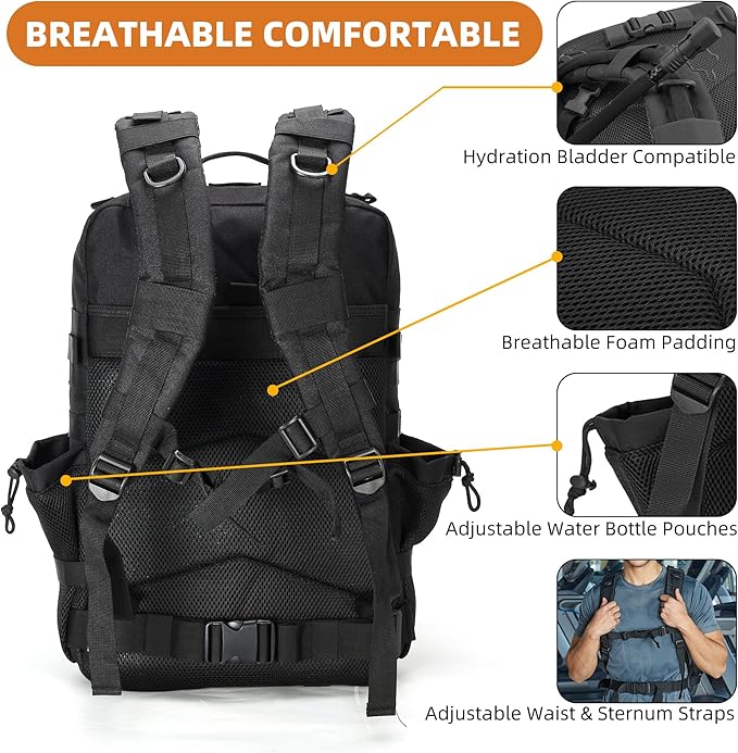 gracedon Military Tactical Backpack for Men and Women Army Camping Daypack Bug out Bag 45l Asault Pack for Travel Hiking (Black)
