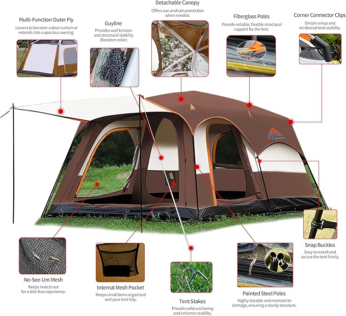 Large Family Standing Upright Camping Tent - 5-12 Persons Multi-Room Waterproof Tent with Screened Porch - Glamping Tent for Outdoor Camping & Family Vacation