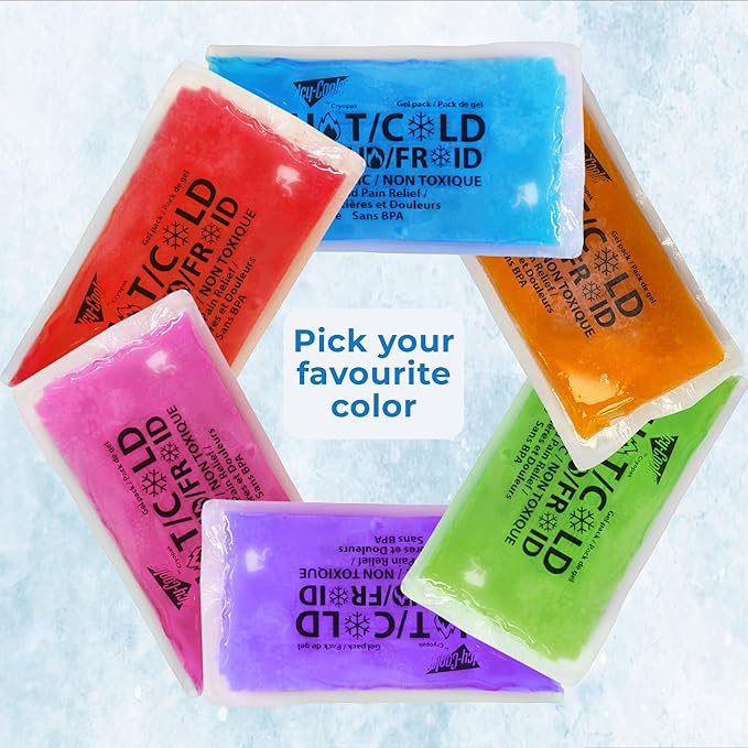 ICY-COOLS 3 Pack Reusable Hot or Cold Gel Ice Packs for Injuries, Multipurpose Ice Packs for Lunch Boxes, Long-Lasting Cold Therapy for Pain Relief, 4 x 8 Inches (Red)