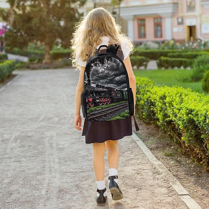 Polyester Daypack Backpack for Sports Travel Running, Big Capacity Anti-Theft Multipurpose Carry On Bag, Old Train Dark Sky Laptop Book Bag Rucksack