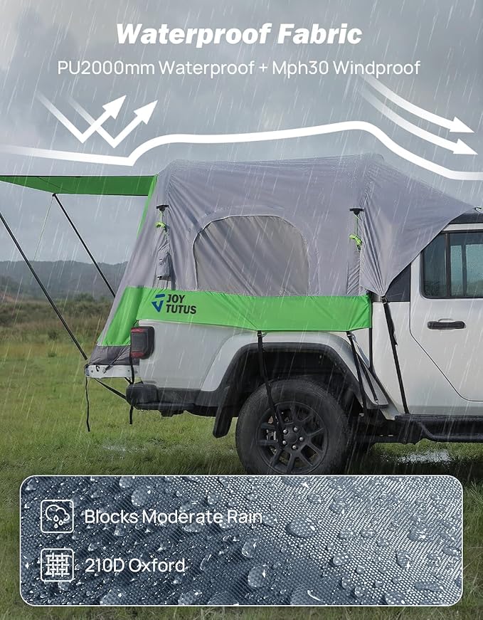 JOYTUTUS Inflatable Truck Bed Tent 5.5-6.5FT with Awning, Includes Air Pump for Quick 30S Setup, Dual-use Pickup or Camping Tent for 2 Person, Truck Tent with Waterproof Roof Shade and 3 Windows
