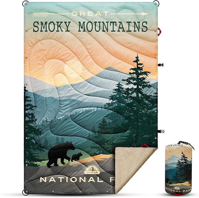 Sherpa Puffy Outdoor Camping Blanket for Traveling, Picnics, Beach, Concert, Car, Stadium, Sporting Events - Wearable Warm Waterproof - 55 X 78 (Great Smoky Mountains NP)