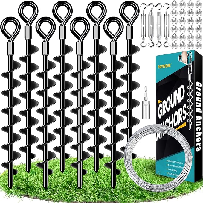 Ground Anchors Shed Anchors Kit with 1/8" Galvanized Cable and Turnbuckles, Trampoline Stakes Heavy Duty Earth Anchor for Sheds Canopy Gazebo Mobile Home Swing Set(8x15in)