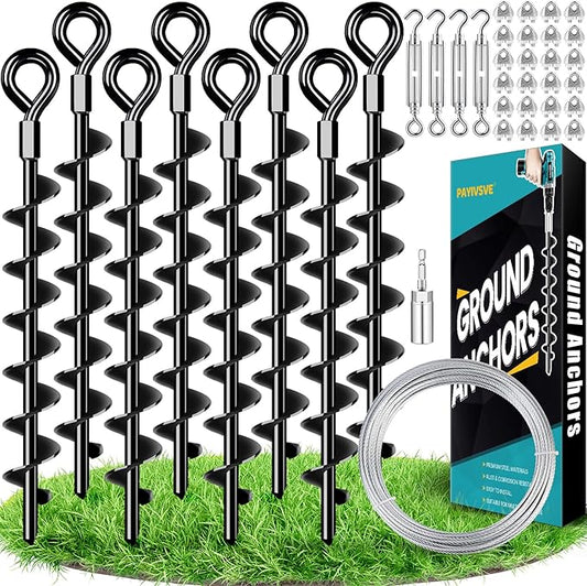 Ground Anchors Shed Anchors Kit with 1/8" Galvanized Cable and Turnbuckles, Trampoline Stakes Heavy Duty Earth Anchor for Sheds Canopy Gazebo Mobile Home Swing Set(8x15in)