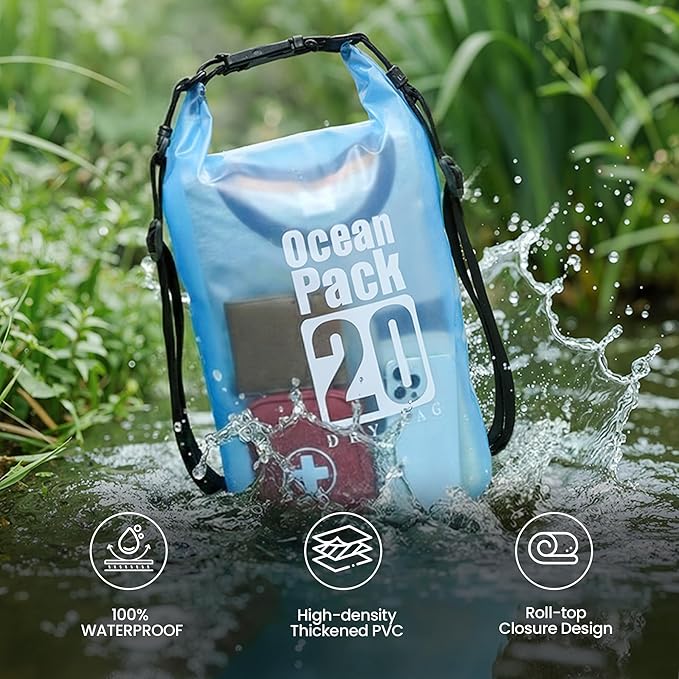 Dry Bag Waterproof, Roll Top Small Waterproof Backpack 20L, Floating Lightweight Bag with Water Proof Phone Pouch for Kayaking, Paddle Boarding, Boating, Fishing, Swimming
