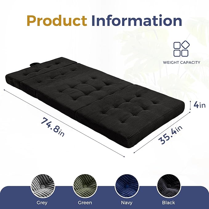 MAXYOYO Folding Mattress, 4 Inch Tufted Foldable Mattress Full Foam Bed, Tri-Fold Floor Couch with Handles Guest Bed Topper Portable Camping Mat with Corded Fabric, Twin Size, Black