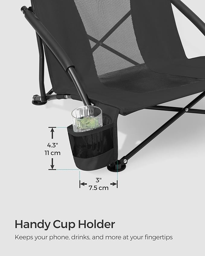 SONGMICS Set of 2 Portable Beach Chairs for Adults, Max. Load 330 lb Each, High Backrest, Cup Holder, Lightweight, Heavy-Duty, Black UGCB067B01V1