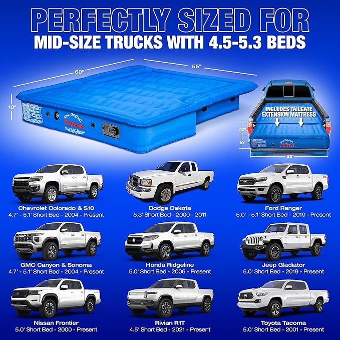 Pittman - Truck Bed Mattress 5.5 ft > 5ft - The Original Airbedz Truck Bed Air Mattress - Mid Size Short Beds Like The Tacoma - 25% More Coverage for Pickup Camping