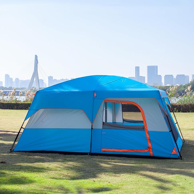 KTT Extra Large Tent 6-10-12-14 Person(B),Family Cabin Tents,2 Rooms,3 Doors and 3 Windows with Mesh,Straight Wall,Waterproof,Double Layer,Big Tent for Outdoor,Picnic,Camping,Family Gathering