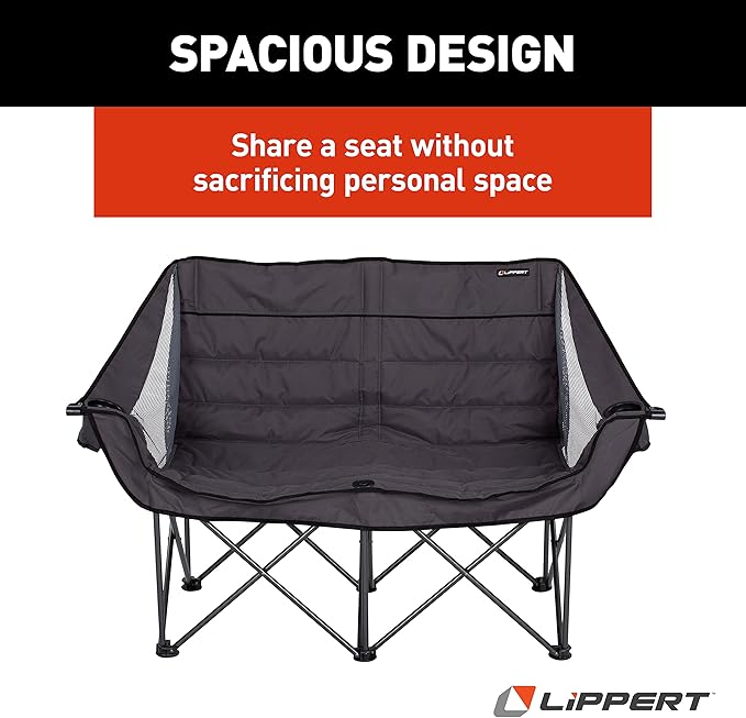 Lippert Campfire Folding Loveseat with 500-lb. Weight Capacity, Carry Bag, Durable Mesh Fabrics, High-Loft Cushioning, Storage Pocket, Dual Cupholders, Stemmed Wine Glass Holder (Grey) - 2021000206