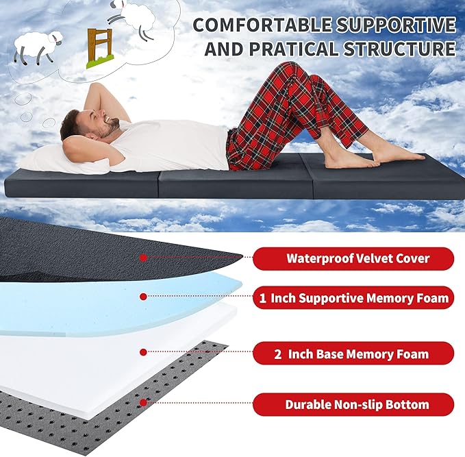 HOMBYS Tri Folding Memory Foam Camping Mattress for Outdoor Sleeping, Portable Waterproof Camping Pad Mat for Travel Truck Bed Tent