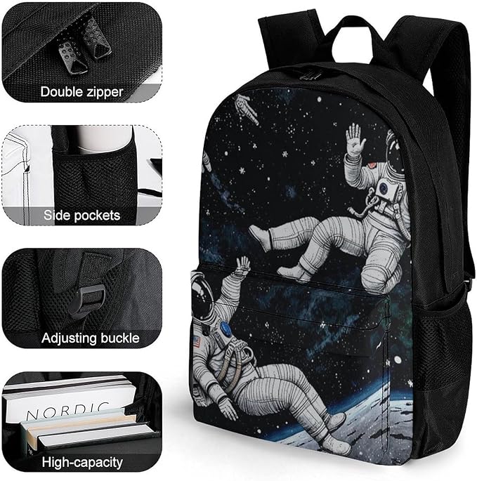 Men Women Polyester Astronaut Space Art Daypack Backpack Large Capacity Carry On Bag With Smooth Zippers for Hiking Picnic Walking Cycling