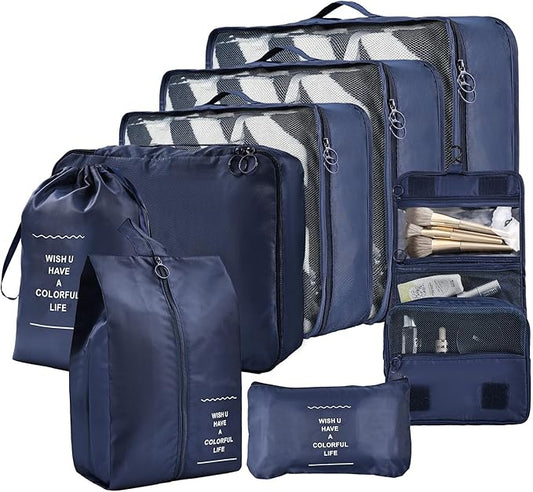 8 Set Compression Packing Cubes for Travel Essentials,Suitcase Organizer Bags, Carry-On Luggage Accessories with Laundry & Toiletry Bag, Road Trip & Camp Gifts for Men and women（navy）