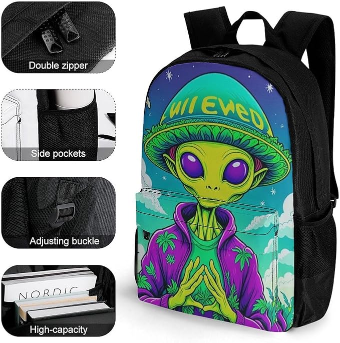 Lightweight Daypack for Camping Business Walking Cycling, Large Capacity Anti-Theft Multipurpose Bookbag, Alien Smoking Marijuanaweed Art Gym Outdoor Hiking Backpack