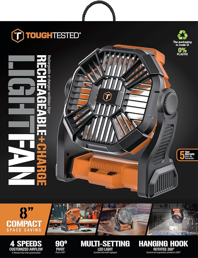 ToughTested Camping Fan with LED Light – 58H Runtime, 4-Speed Wind, 360° Rotation & Hook – Portable Tent Fan for Camping, BBQ, Travel, Beach, Outdoor & Indoor Use