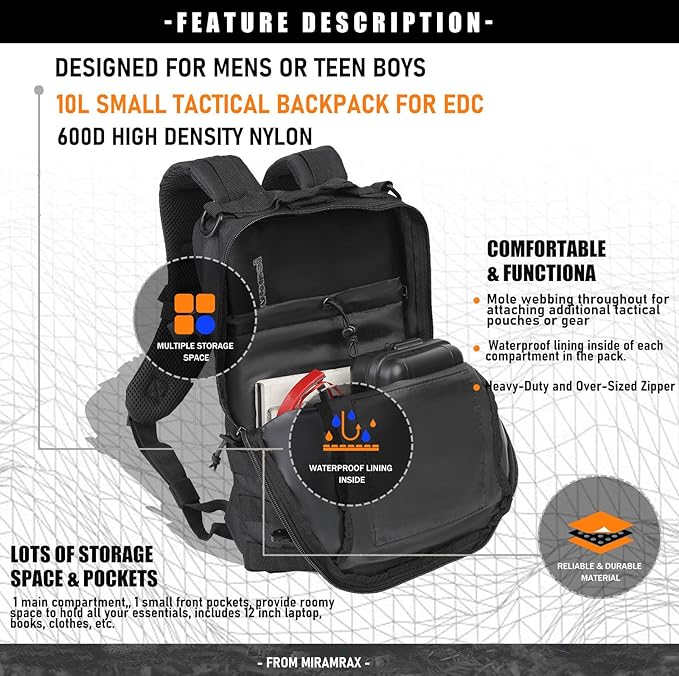 12L Small Backpack Day Pack - Mini Tactical Backpacks Military Daypack Molle Bag Rucksack Bug Out Bag for Hiking (Black)